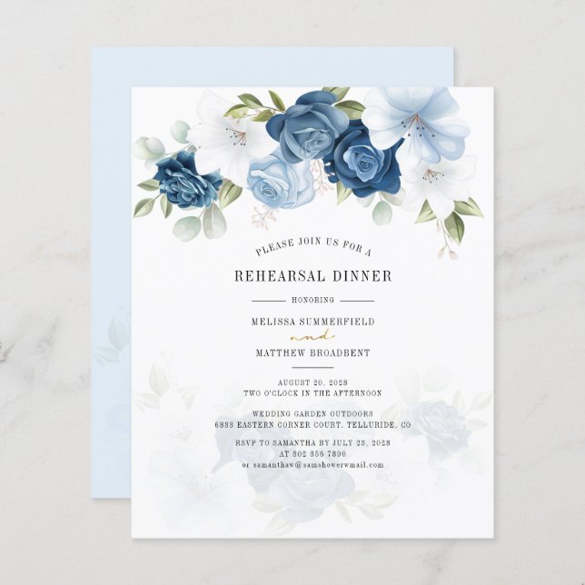 Budget Floral Dusty Blue Probe Dinner Einladung (Vorne/Hinten)