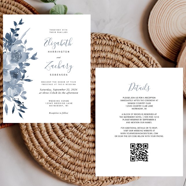 Budget Floral Dusty Blue QR Code Hochzeit einladen (Von Creator hochgeladen)