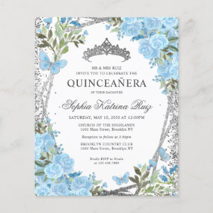 Budget Floral Dusty Blue Silver Quinceañera Einlad