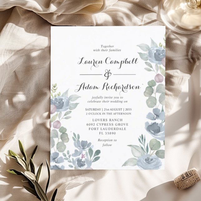 Budget Floral Dusty Blue Wedding Einladung (Von Creator hochgeladen)