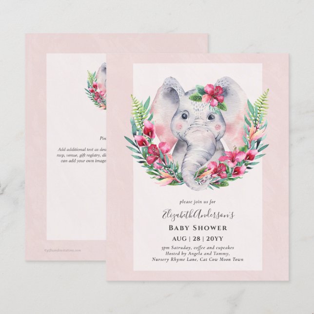 BUDGET Floral Elephant Baby Dusche einladen (Vorne/Hinten)