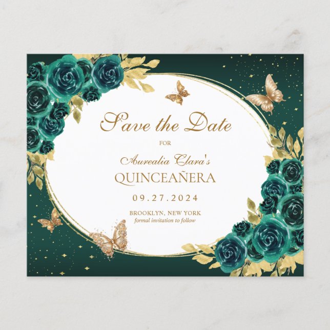 BUDGET Floral Emerald Gold Butterfly Quinceañera (Vorderseite)