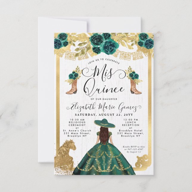 Budget Floral Emerald Green Charra Quinceanera Mitteilungskarte (Vorderseite)