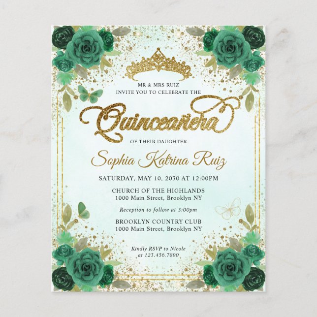Budget Floral Emerald Green Glam Gold Quinceañera Flyer (Vorne)