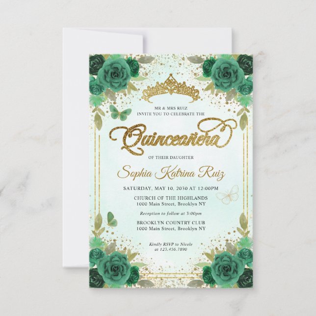 Budget Floral Emerald Green Glam Gold Quinceañera Mitteilungskarte (Vorderseite)