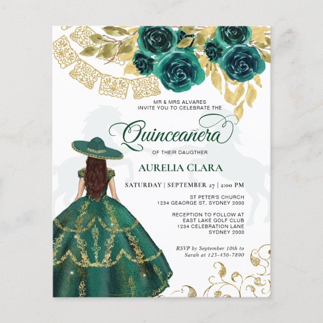 Budget Floral Emerald Green Horse Quinceañera (Vorderseite)
