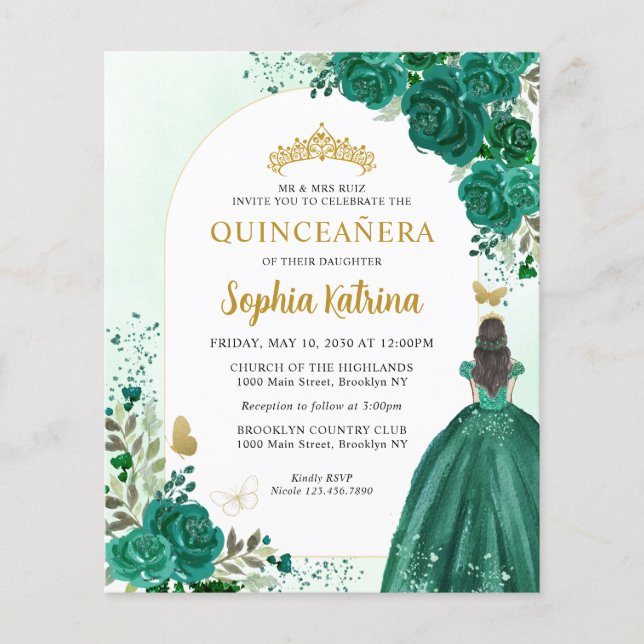 Budget Floral Emerald Green Princess Quinceanera (Vorderseite)