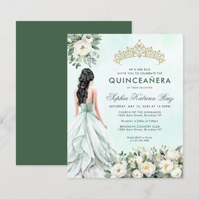 Budget Floral Emerald Green Princess Quinceañera (Vorne/Hinten)