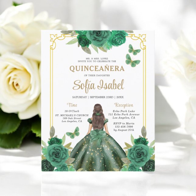 Budget Floral Emerald Green Quinceanera Einladung (Von Creator hochgeladen)