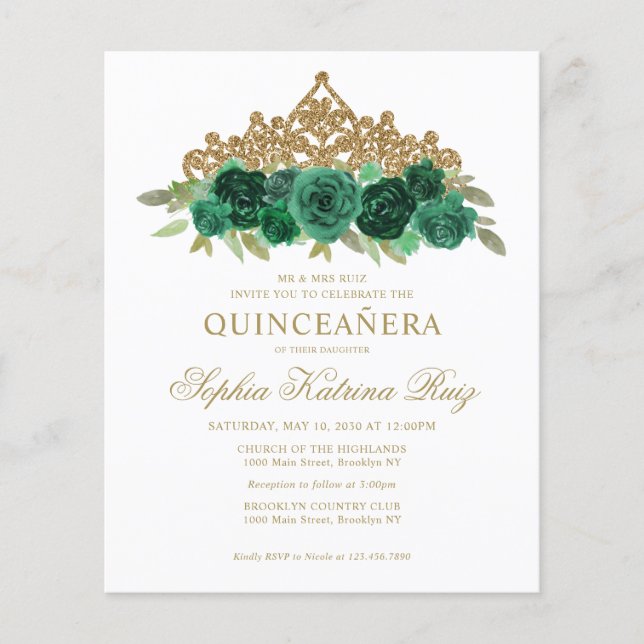 Budget Floral Emerald Green Tiara Quinceañera Flyer (Vorne)