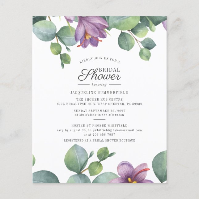 Budget Floral Eukalyptus Bridal Dusche Einladung (Vorderseite)