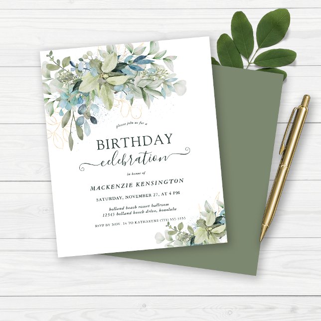 Budget Floral Eukalyptus Geburtstagsfeier (Budget Floral Eucalyptus Birthday Celebration Invitation)