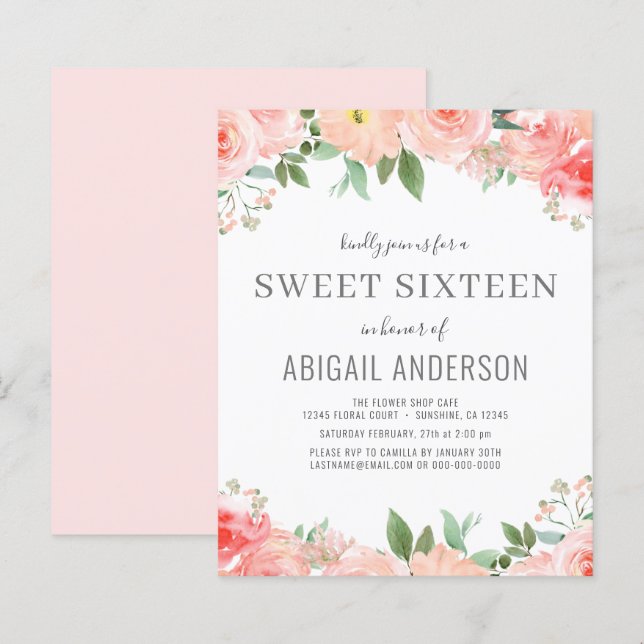 Budget Floral Girly Sweet 16 Geburtstag Einladung (Vorne/Hinten)