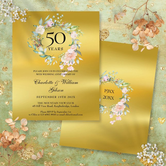 Budget Floral Gold 50 Jahre Einladung (Budget Floral Gold 50th Anniversary Invitation)