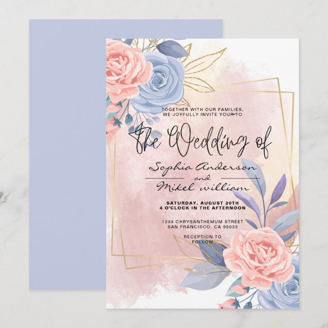 Budget Floral Gold Blue & Pink Brush Hochzeit Invi Einladung (Vorne/Hinten)