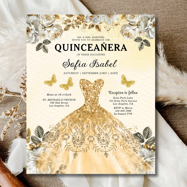 Budget Floral Gold Butterfly Princess Quinceanera Flyer (Von Creator hochgeladen)