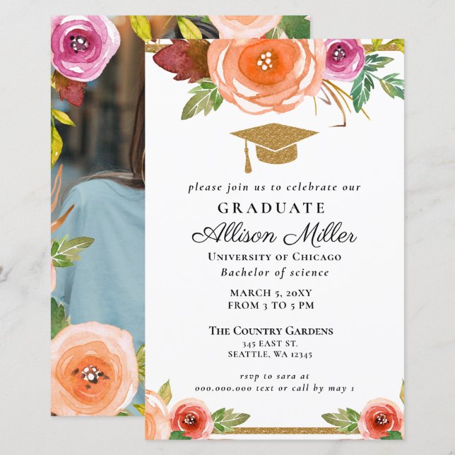 Budget Floral Gold Foto Abschluss Einladung (Vorne/Hinten)