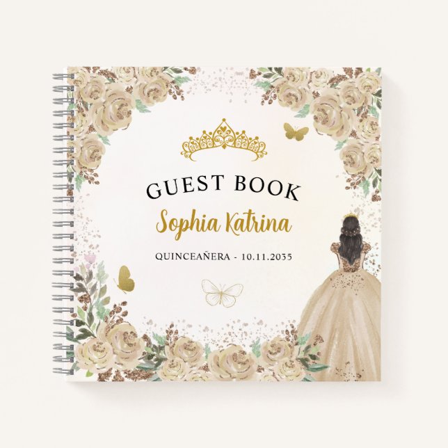 Budget Floral Gold Princess Quinceanera Guestbook Notizbuch (Vorderseite)