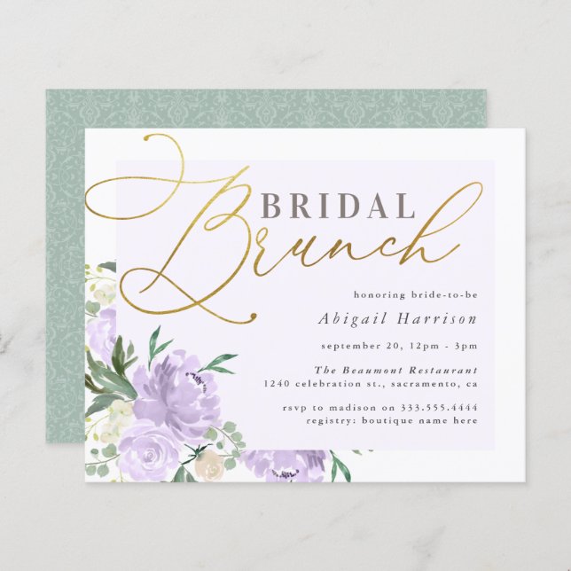 Budget Floral Gold Script Lavender Bridal Brunch (Vorne/Hinten)
