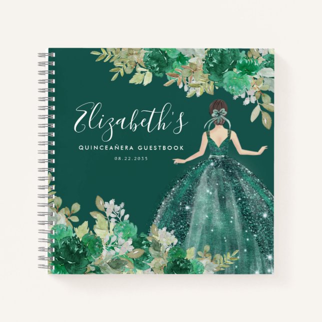 Budget Floral Green Dress Quinceanera Guestbook Notizbuch (Vorderseite)