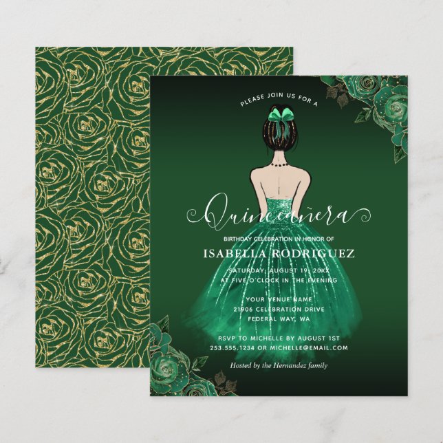 Budget Floral Green Princess Gold Quinceañera (Vorne/Hinten)