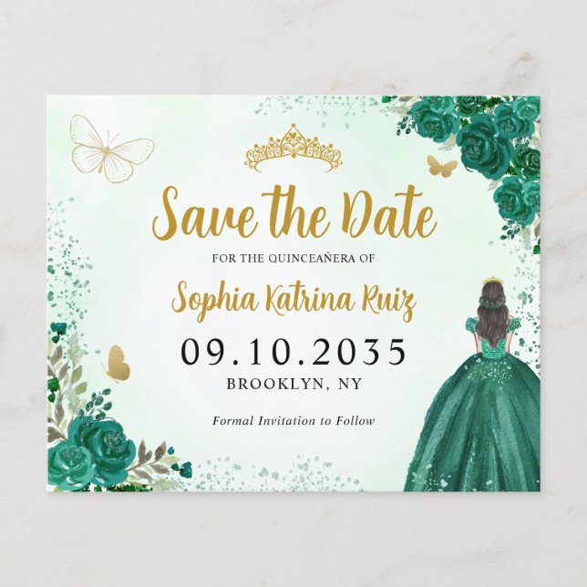 Budget Floral Green Quinceanera Save the Date (Vorderseite)