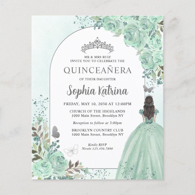 Budget Floral Green Silver Princess Quinceanera (Vorderseite)