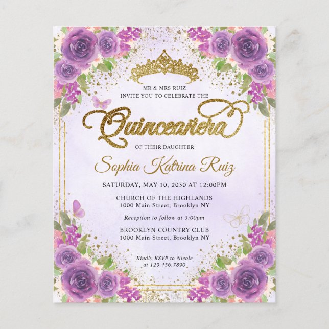 Budget Floral Light Lila Gold Tiara Quinceañera (Vorderseite)