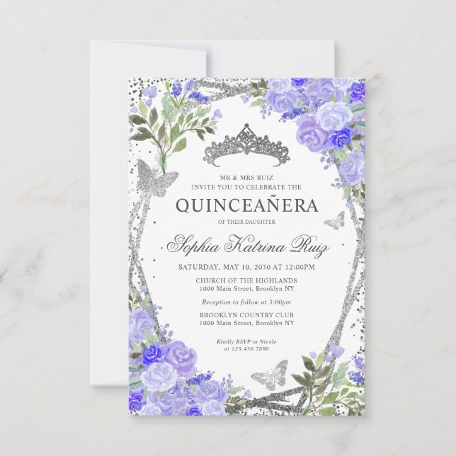 Budget Floral Lila Glam Silver Tiara Quinceañera Mitteilungskarte (Vorderseite)