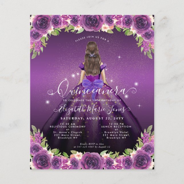 Budget Floral Lila Gold Princess Quinceanera (Vorderseite)