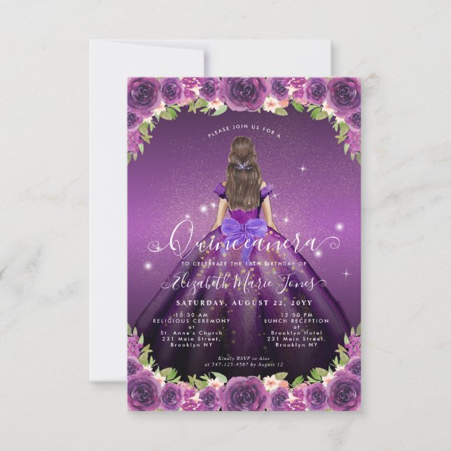 Budget Floral Lila Gold Princess Quinceanera Mitteilungskarte (Vorderseite)