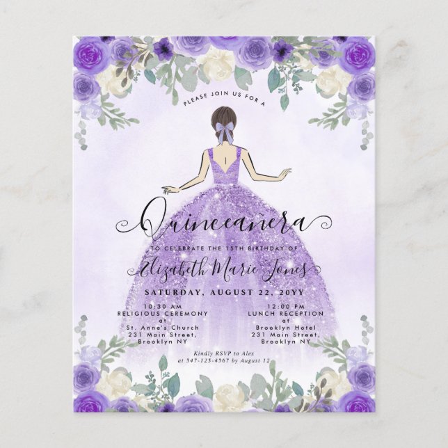 Budget Floral Lila Princess Birthday Quinceanera (Vorderseite)
