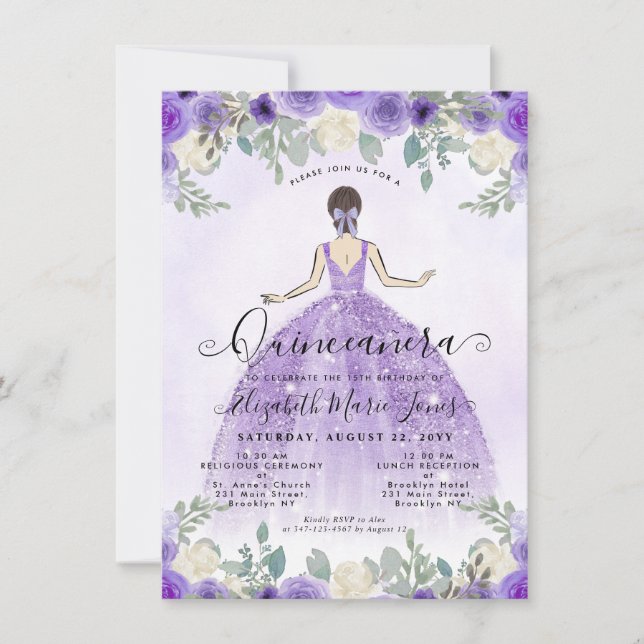 Budget Floral Lila Princess Birthday Quinceanera Mitteilungskarte (Vorderseite)