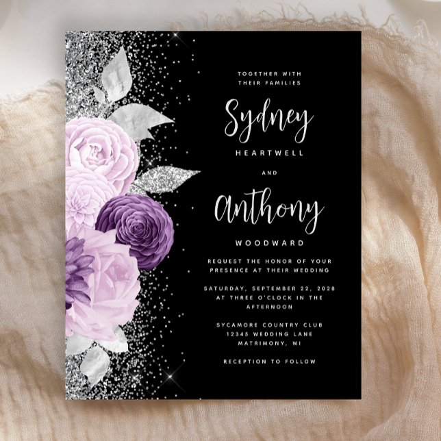 Budget Floral Lila Silver Black Script Hochzeit (Von Creator hochgeladen)