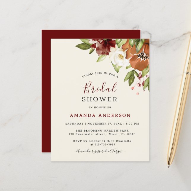 Budget Floral Maroon Bridal Dusche Einladung (Vorderseite/Rückseite Beispiel)