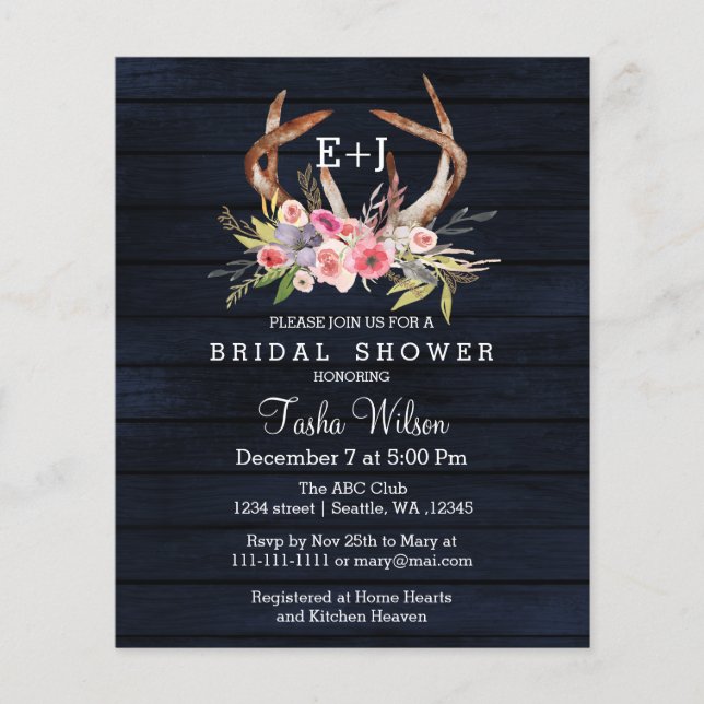 Budget Floral Navy Antler Bridal Dusche Einladung (Vorderseite)