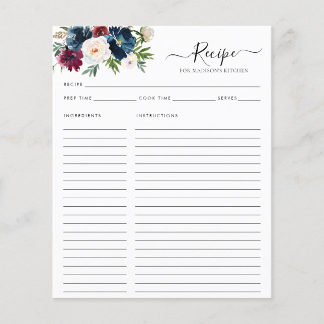 Budget Floral Navy Blue Burgundy Kitchen Rezept Flyer (Vorne)