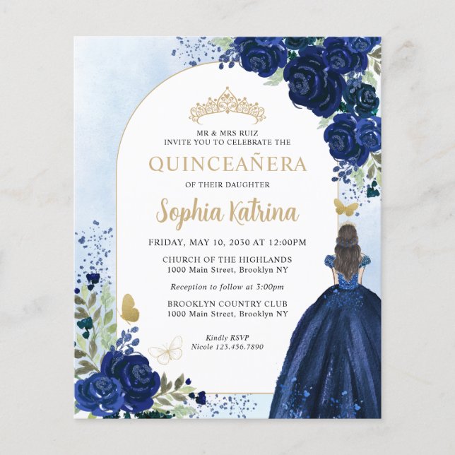 Budget Floral Navy Blue Gold Princess Quinceanera (Vorderseite)
