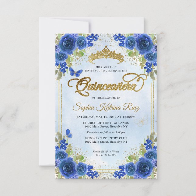Budget Floral Navy Blue Gold Tiara Quinceañera Mitteilungskarte (Vorderseite)