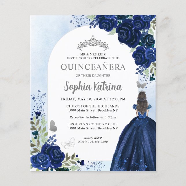 Budget Floral Navy Blue Silver Foto Quinceañera (Vorderseite)