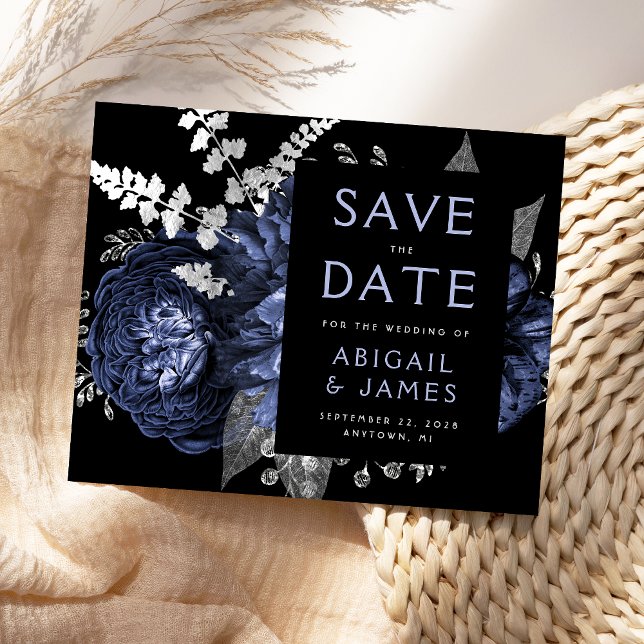 Budget Floral Navy Blue Silver Save the Date (Von Creator hochgeladen)