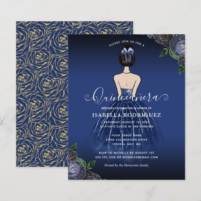 Budget Floral Navy Princess Gold Quinceañera (Vorne/Hinten)