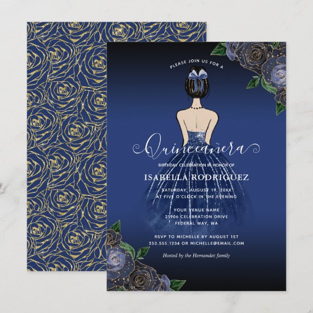 Budget Floral Navy Princess Gold Quinceañera Mitteilungskarte (Vorne/Hinten)