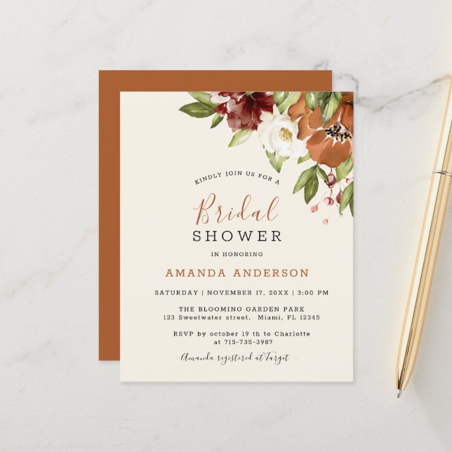 Budget Floral Orange Bridal Dusche Einladung (Vorderseite/Rückseite Beispiel)