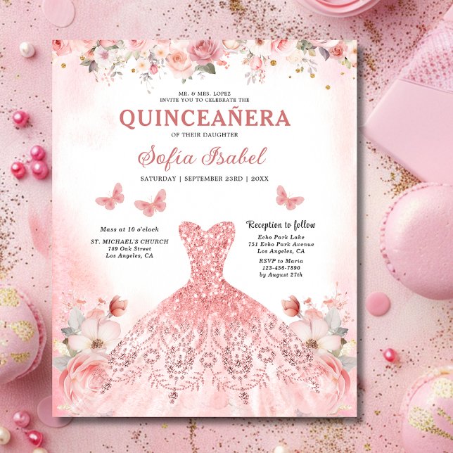 Budget Floral Pink Bilingual Spanish Quinceanera (Von Creator hochgeladen)
