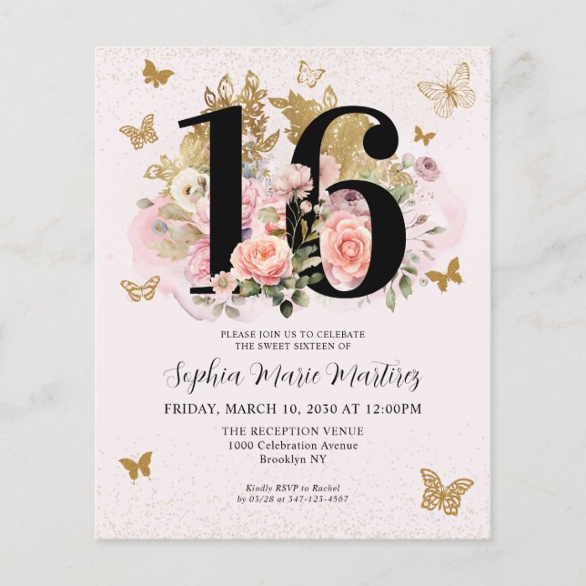 Budget Floral Pink Gold Schmetterling Sweet 16 Par (Vorderseite)