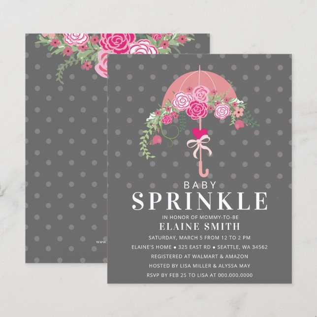 Budget Floral Pink Umbrella Baby Dusche Einladung (Vorne/Hinten)