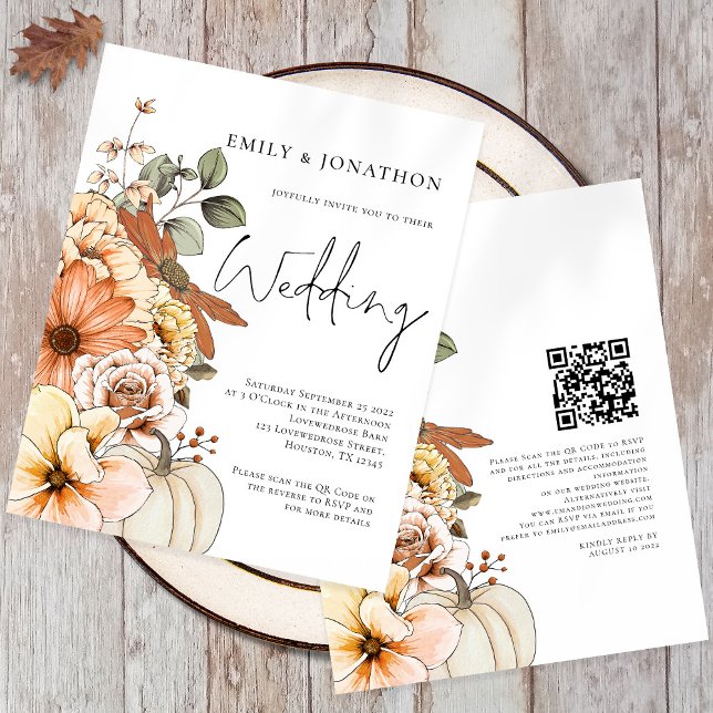 Budget Floral Pumpkin Skript QR Hochzeit Einladung (Front and back - automatically generate a QR code to your website for your guests to scan to RSVP)