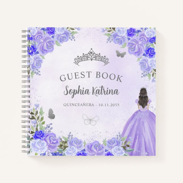 Budget Floral Purple Silver Quinceanera Livre d'or (Devant)