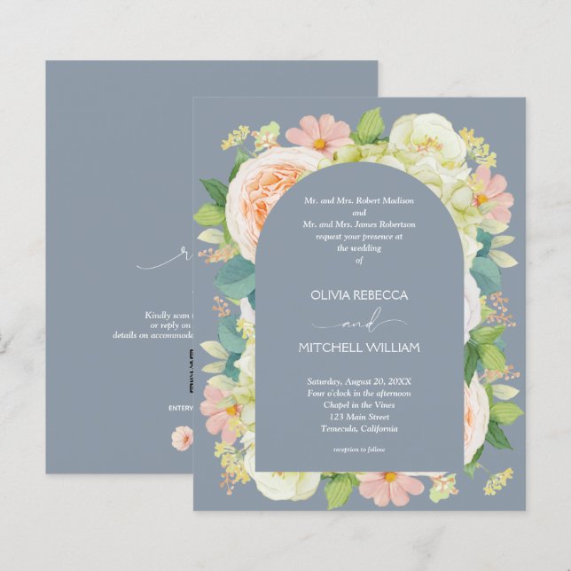 Budget Floral QR Code Dusty Blue Wedding Einladung (Vorne/Hinten)